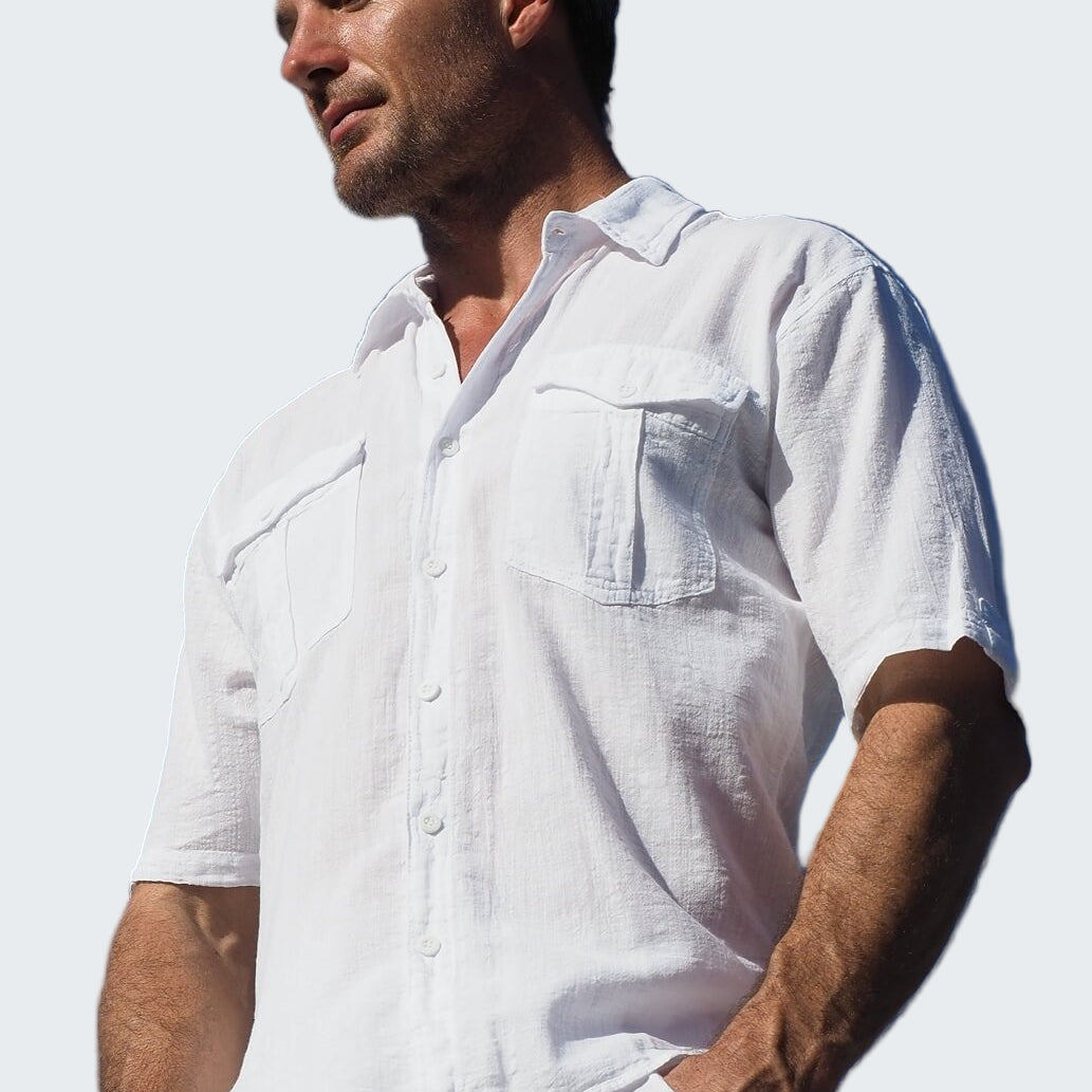 Man wearing a white shirt against a clear blue sky
