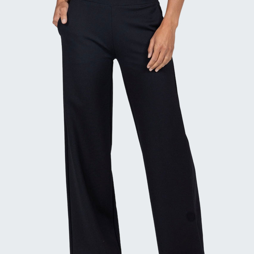 Black wide-leg pants worn by a person on a white background