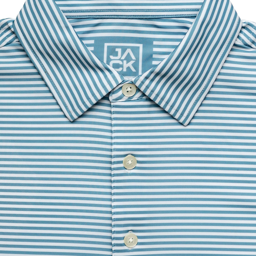 Close-up of a blue and white striped polo shirt with a brand logo on a white background