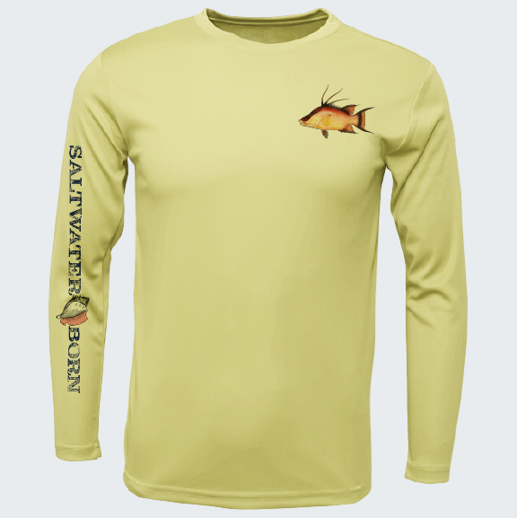 Yellow long-sleeve shirt with fish graphics and 'Saltwater Born' text on a white background