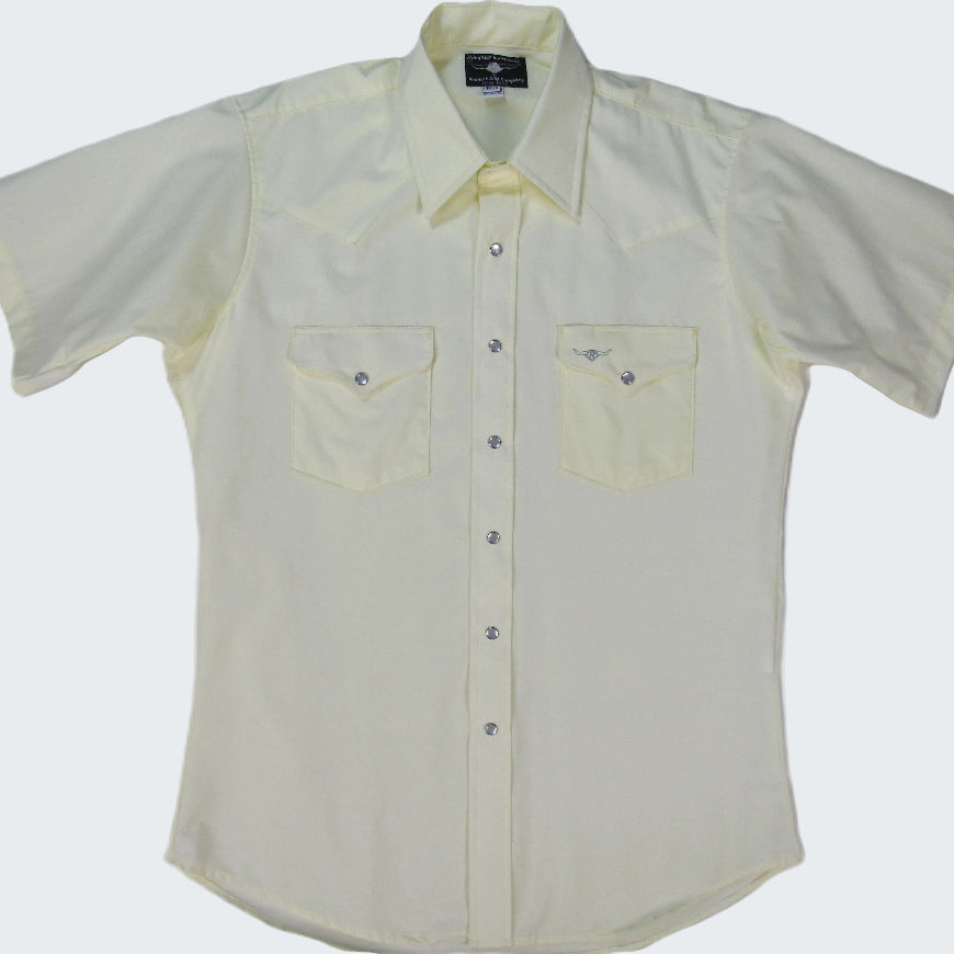 Light-colored short-sleeve shirt with button details on a white background