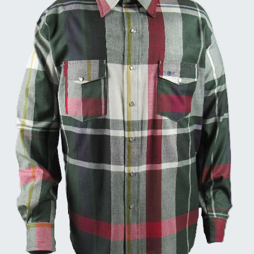 Plaid shirt with green, red, and gray pattern on a white background