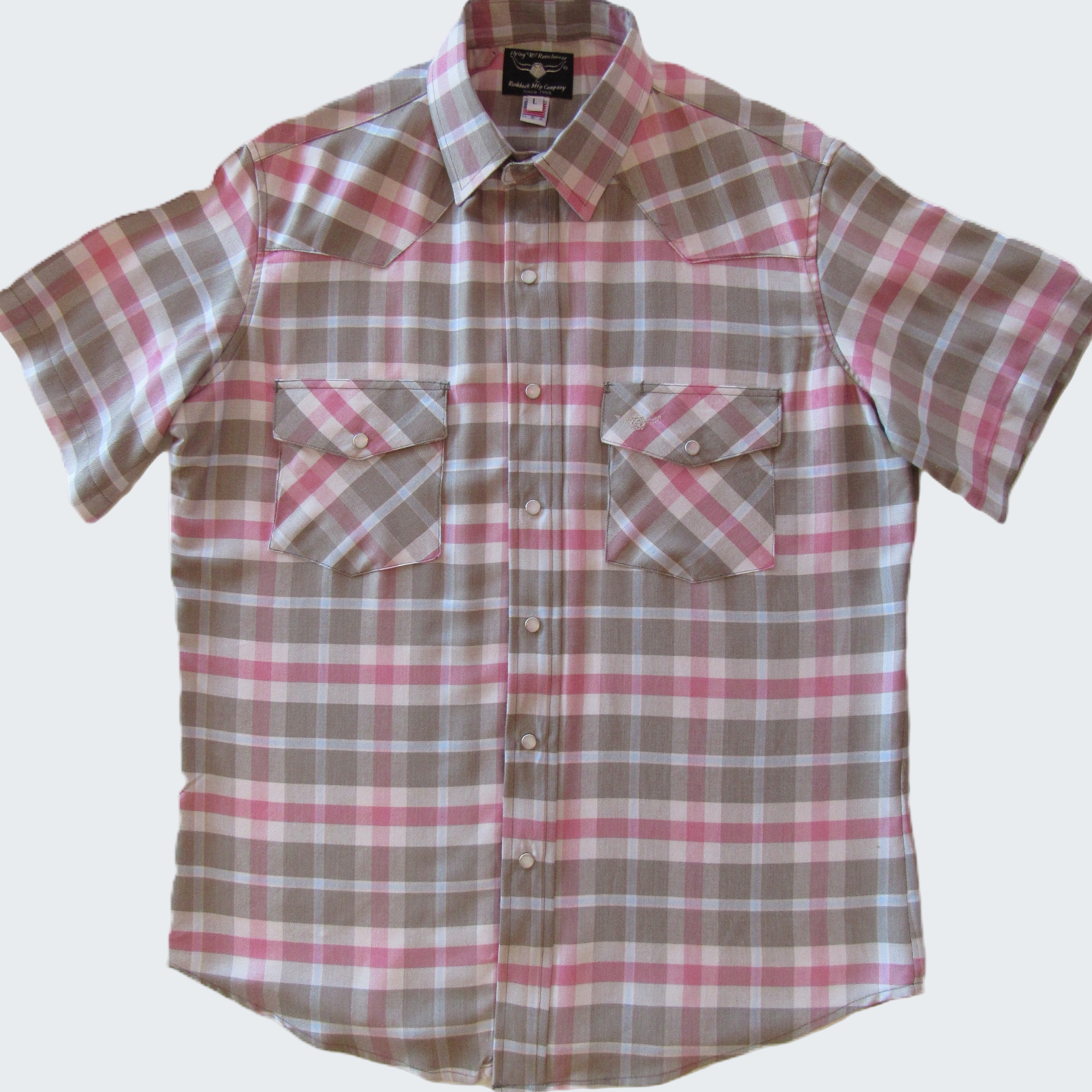 Plaid short-sleeve shirt with a brand label on a white background