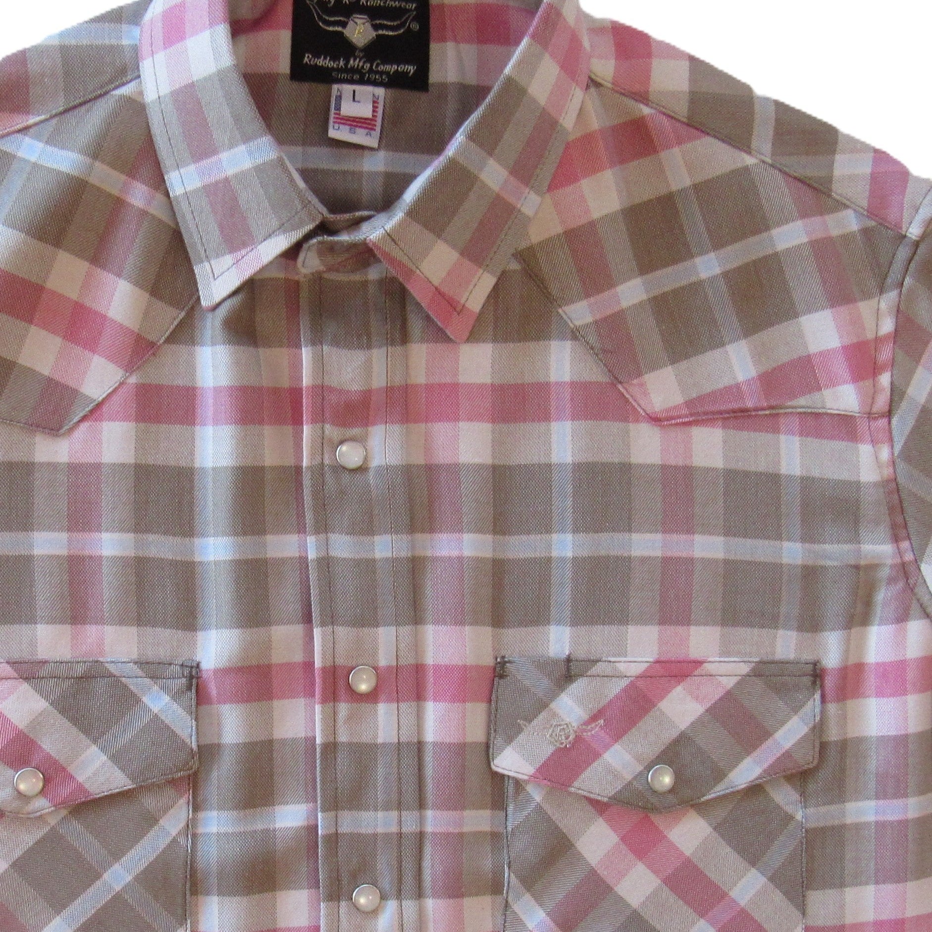 Plaid shirt with brown, pink, and white pattern on a white background