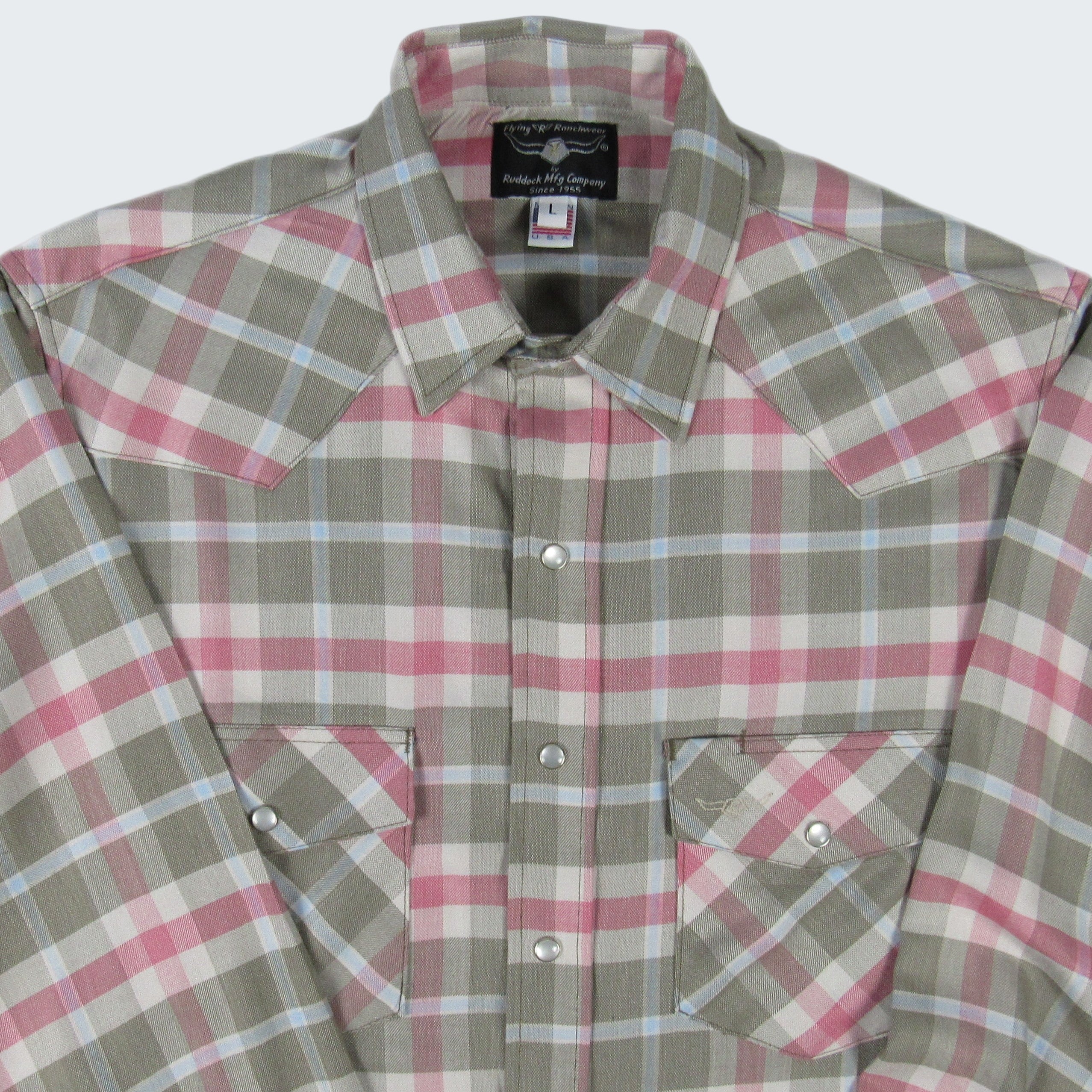 Plaid shirt with pink and green pattern on a white background