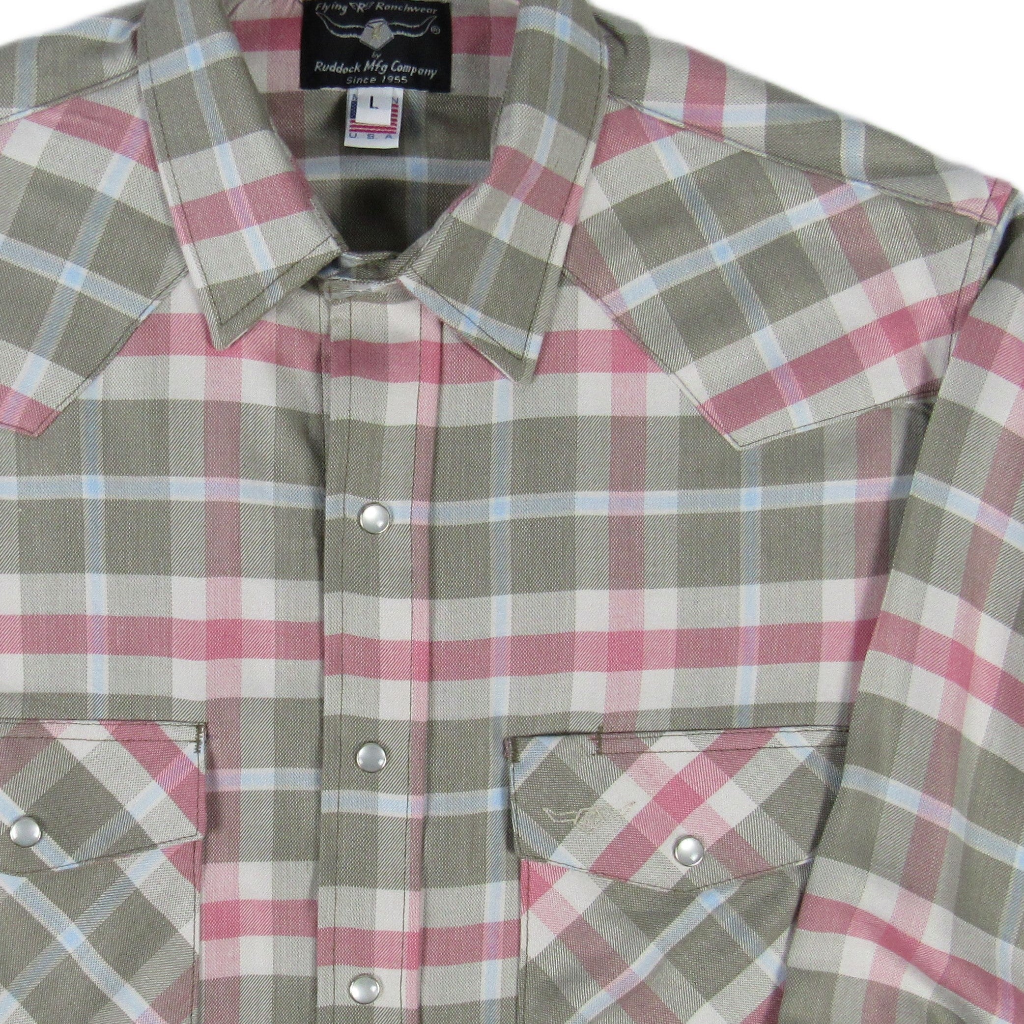 Plaid shirt with pink and beige pattern on a white background