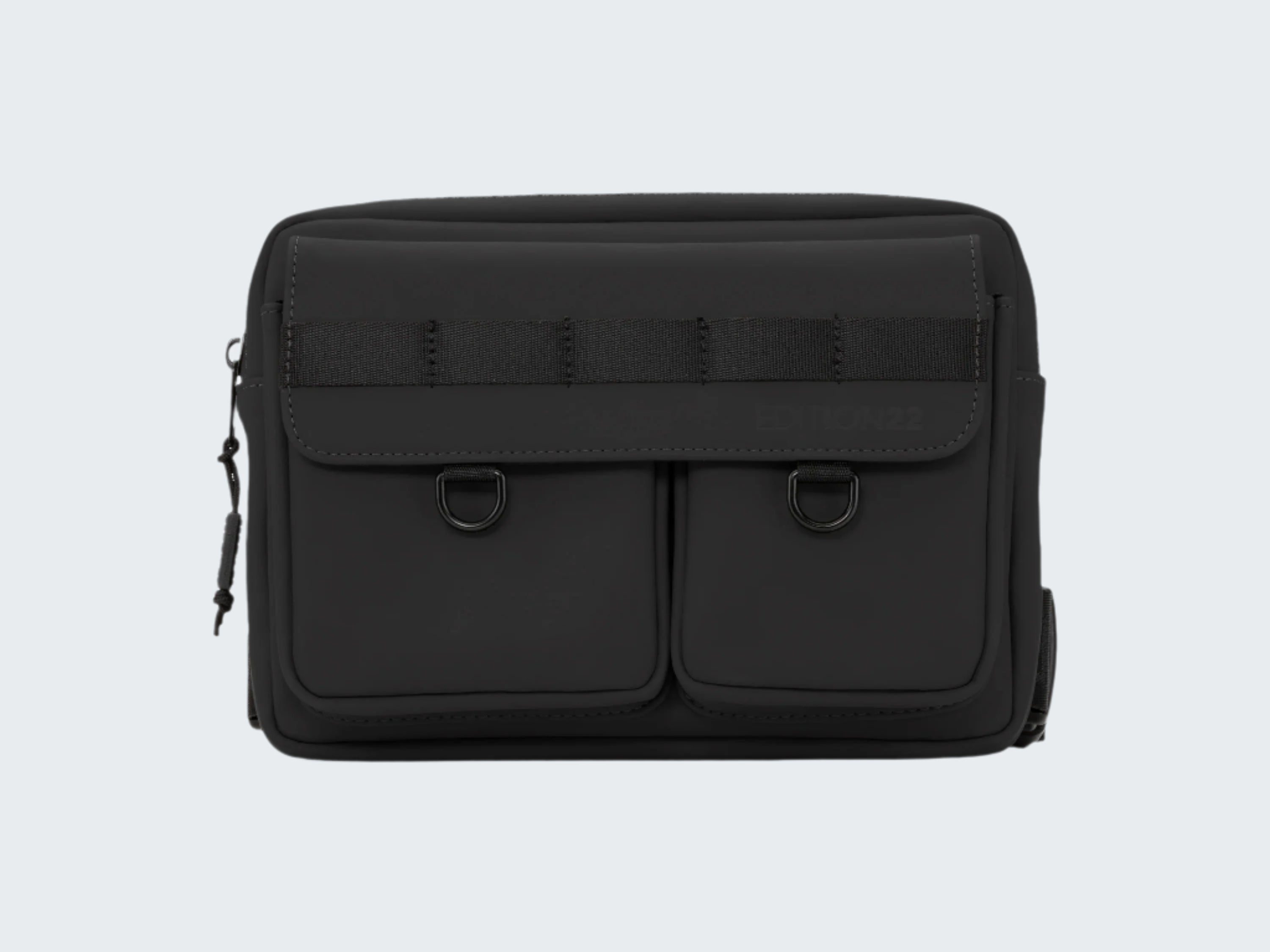 Black bag with multiple compartments on a white background