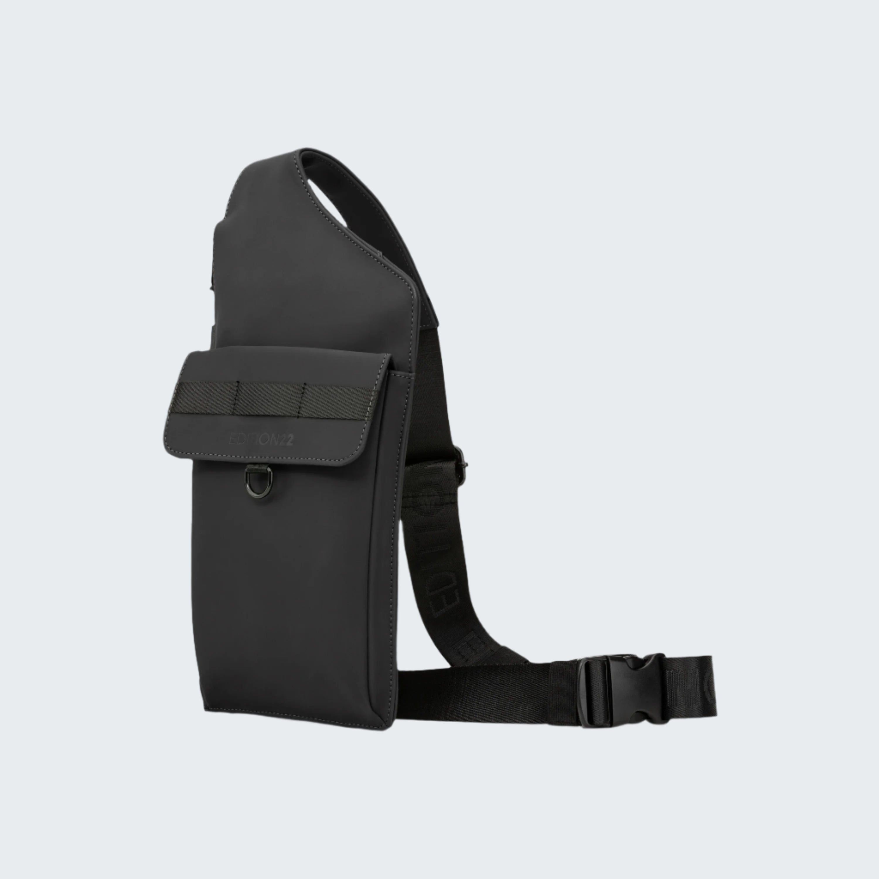 Black sling bag on a white background