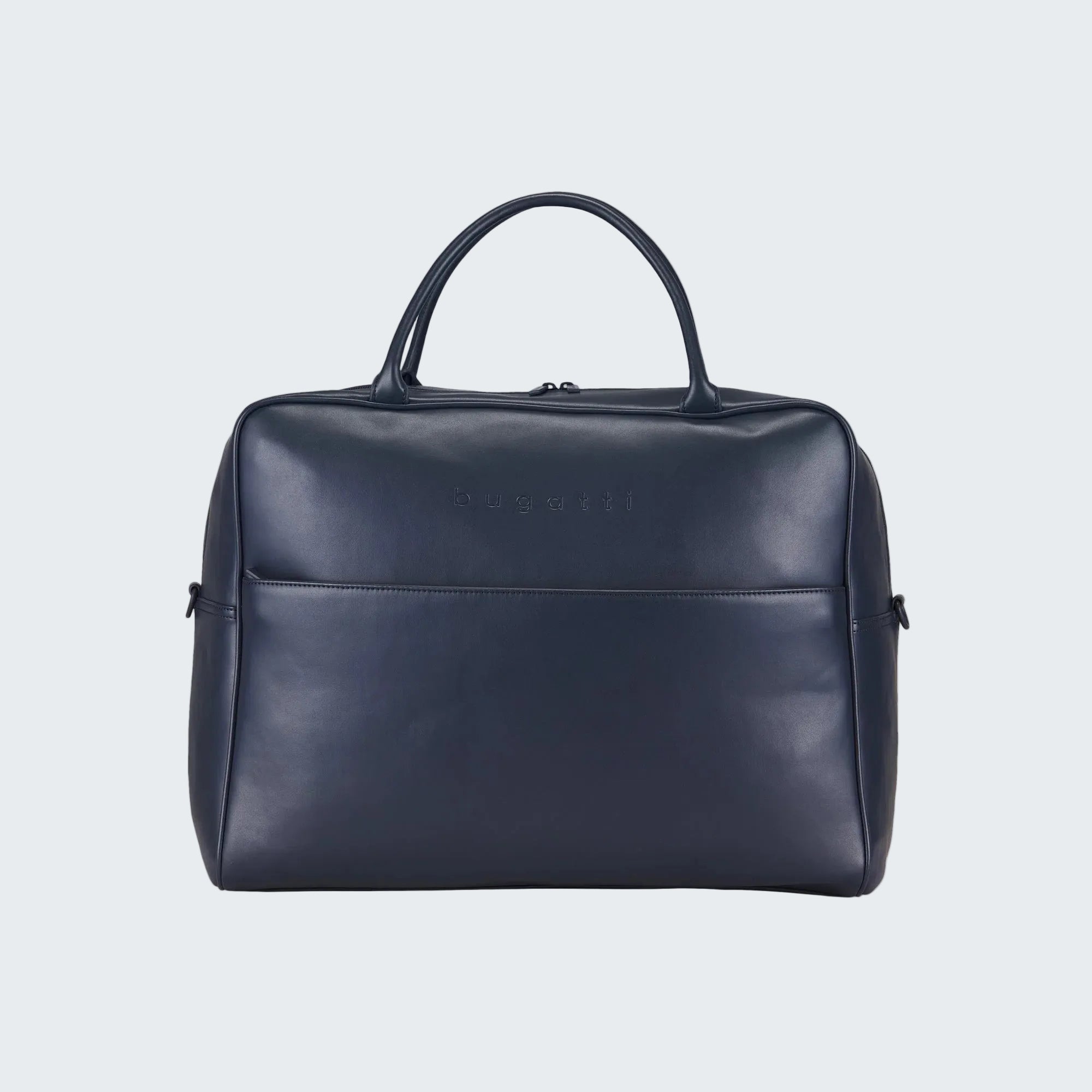 Navy blue leather bag with a handle on a white background