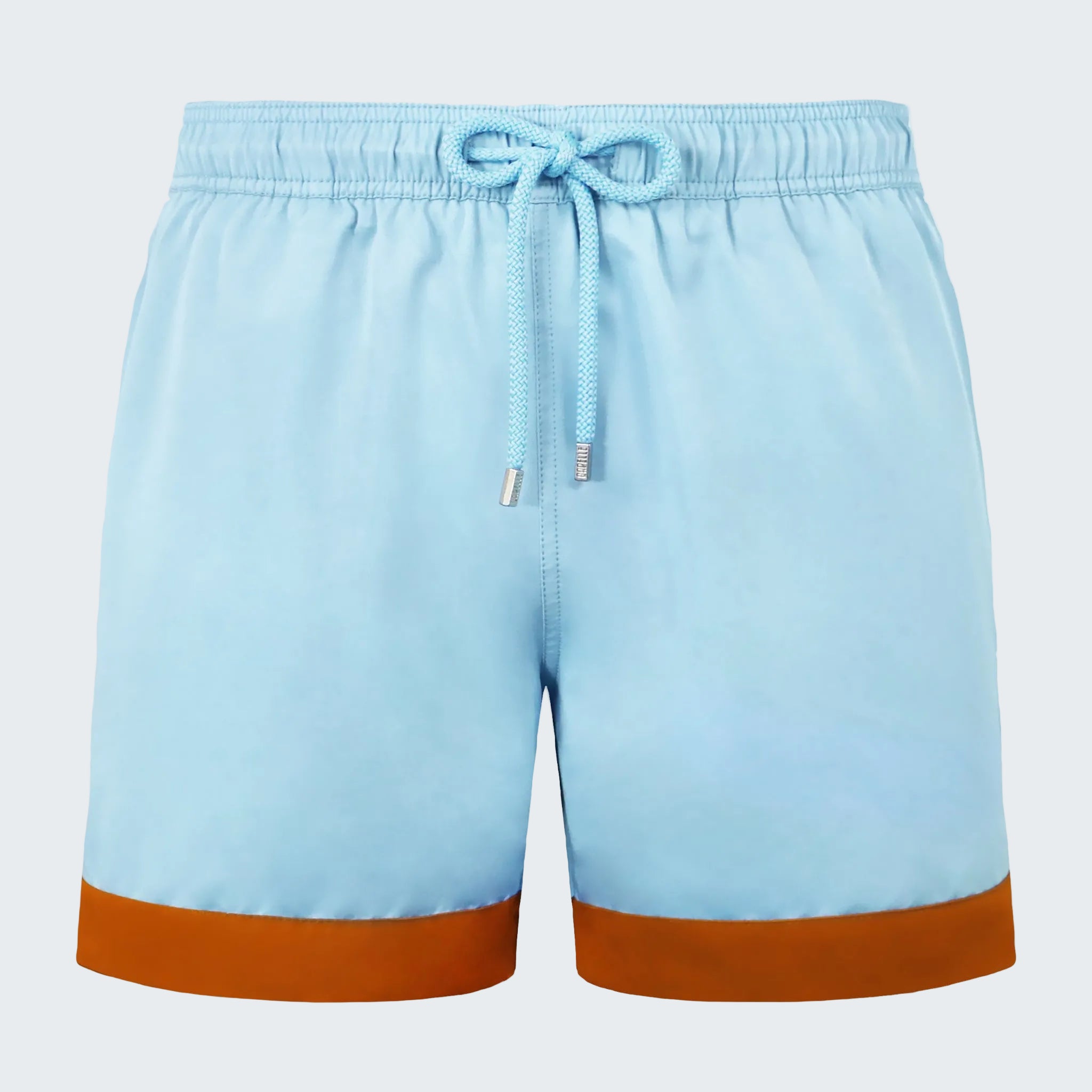 Light blue shorts with brown trim on a white background