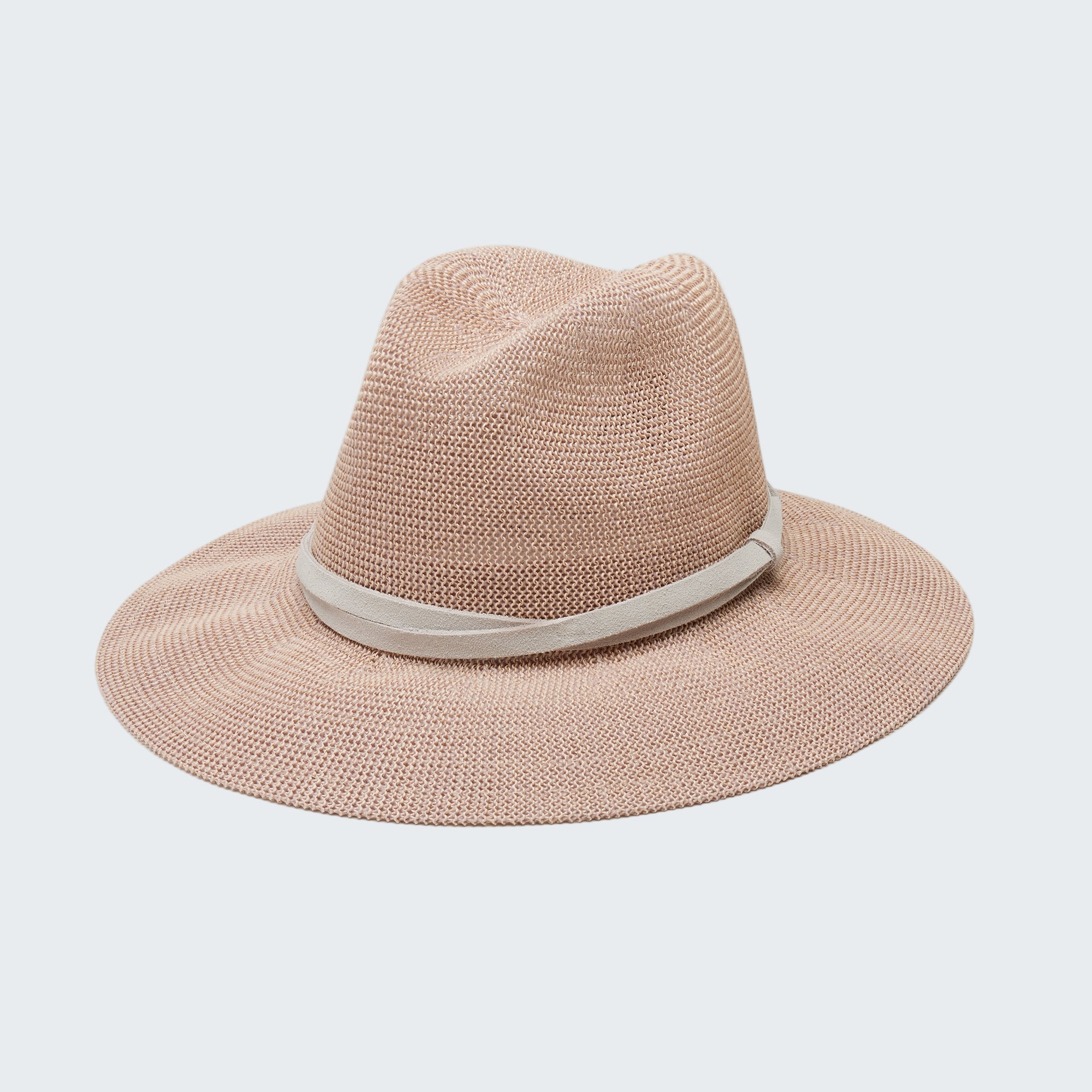 Beige straw hat with a light band on a white background