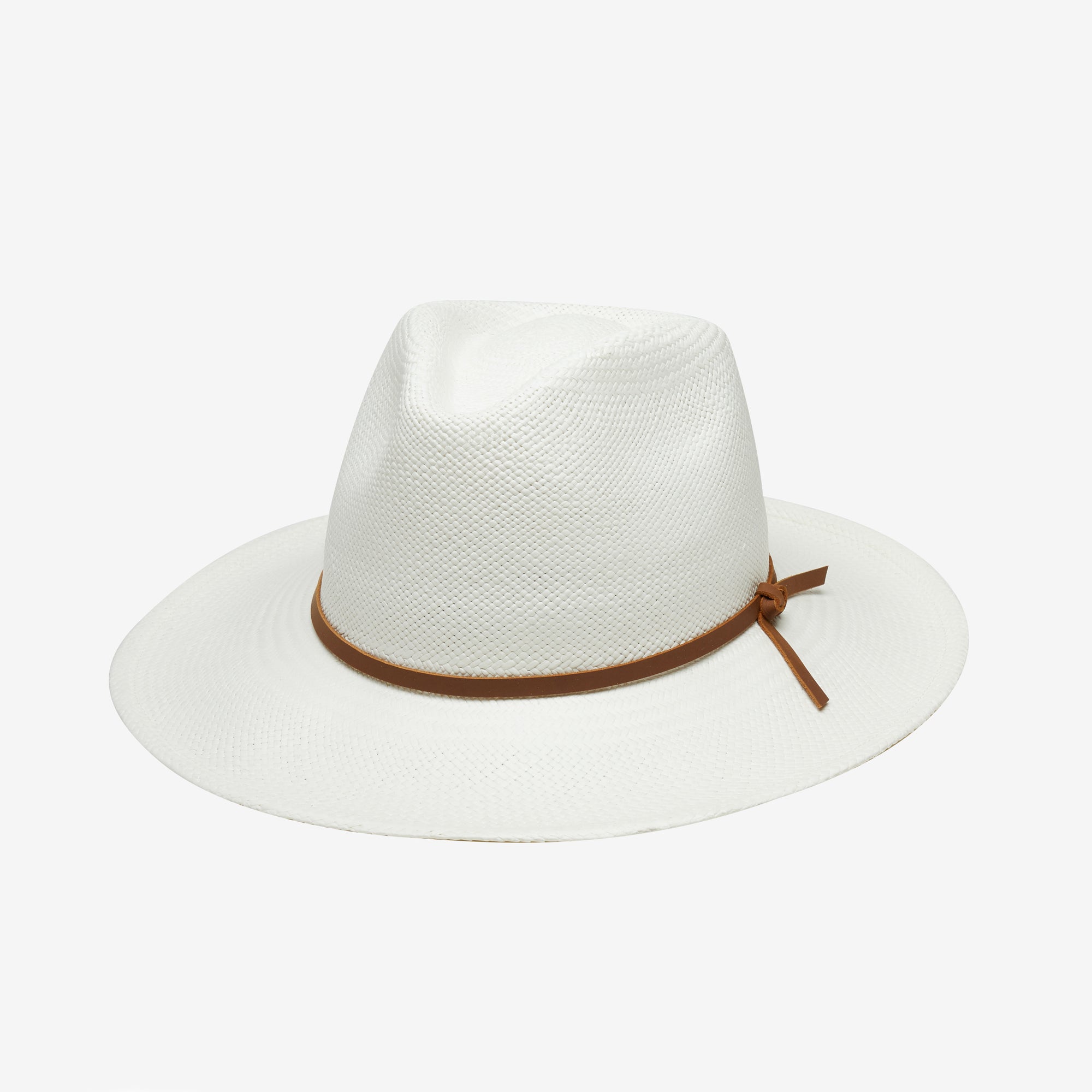 White fedora hat with a brown band on a white background