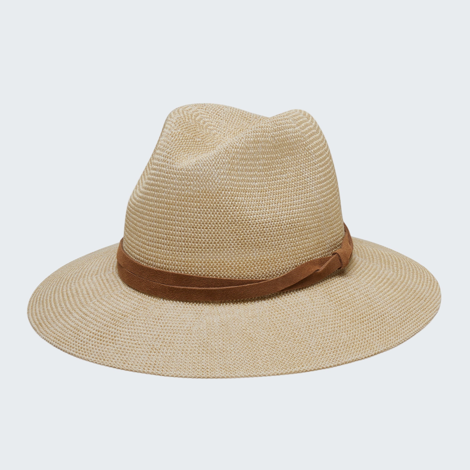 Beige straw hat with a brown band on a white background