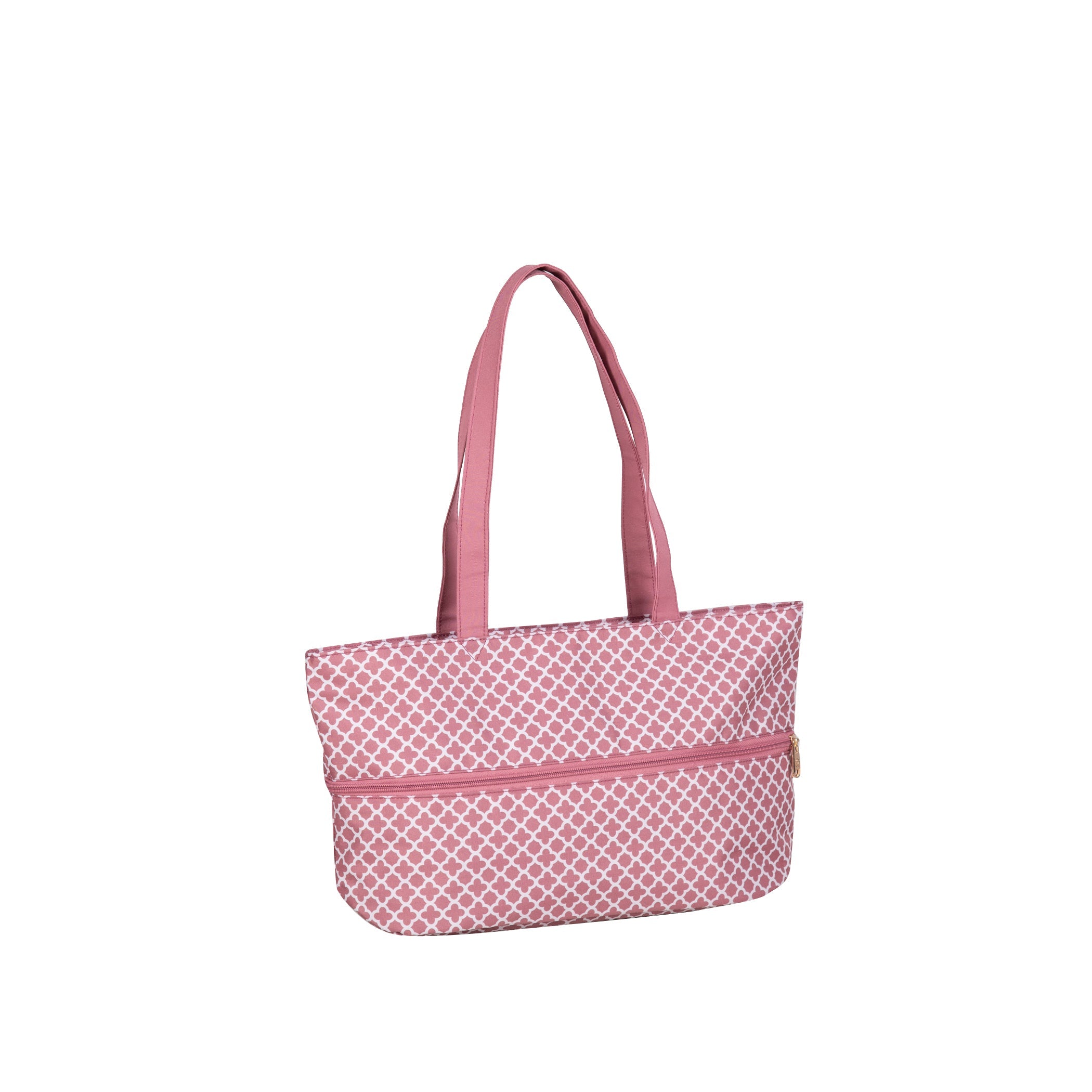 Pink patterned tote bag on a white background