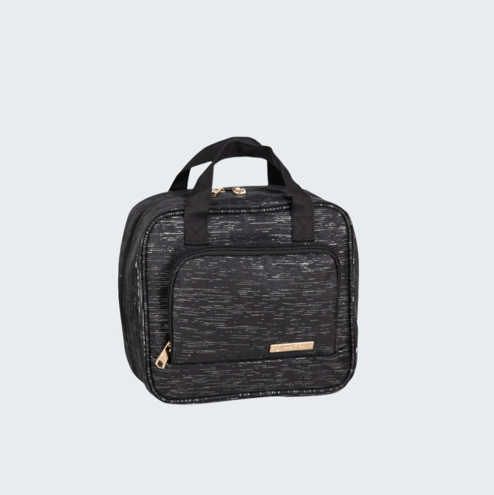 Black travel bag with a handle on a white background