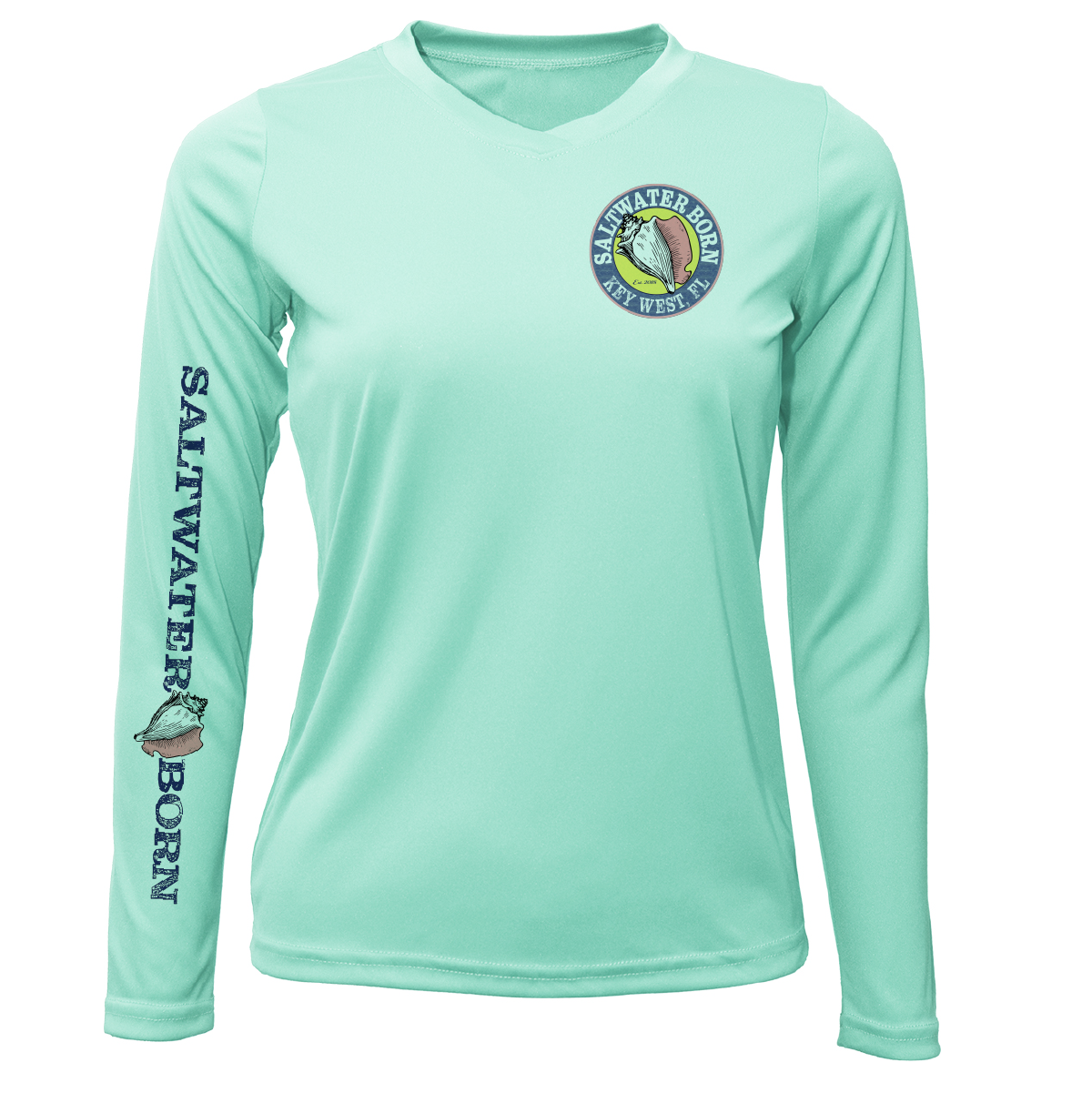 Mint green long-sleeve shirt with 'Saltwater Born' branding on a white background