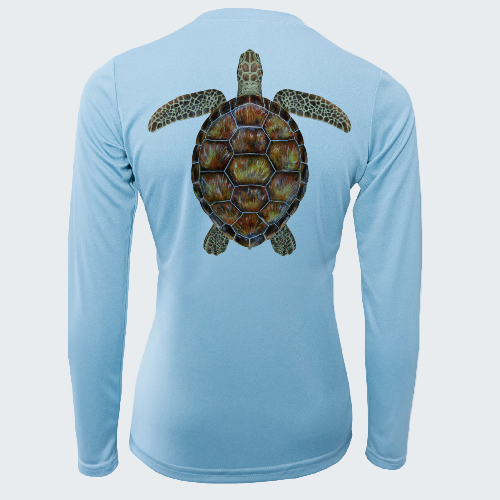 Light blue long-sleeve shirt with a turtle design on the back against a white background
