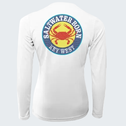 White long-sleeve shirt with a colorful crab graphic and 'Saltwater Born Key West' text on a white background