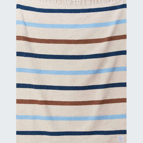Striped towel with blue, brown, and beige stripes on a white background