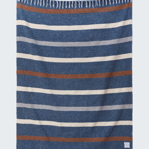 Striped blanket with blue, brown, and white colors on a white background