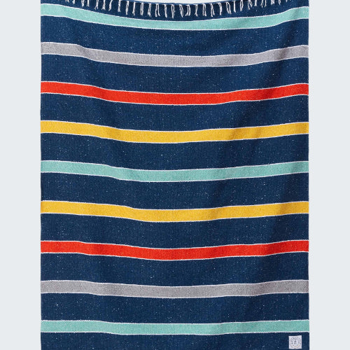 Striped towel with blue, red, yellow, and gray stripes on a white background