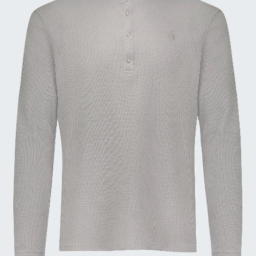 Light gray long-sleeve henley shirt on a white background