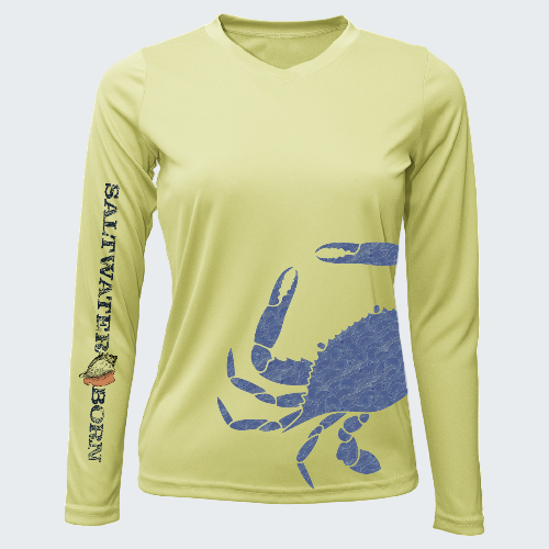 Yellow long-sleeve shirt with blue crab design and 'Saltwater Born' text on a white background