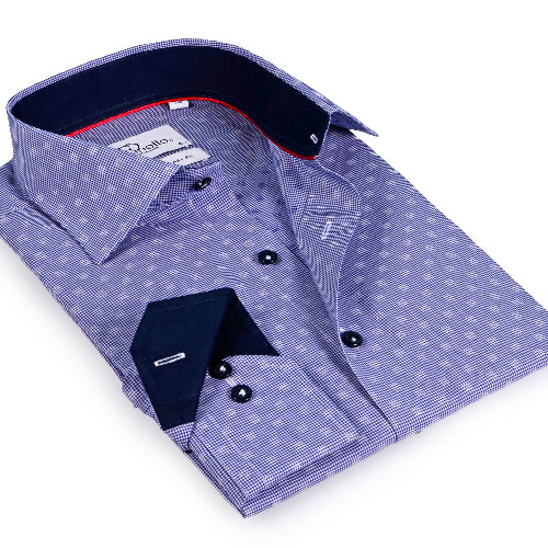 Folded purple patterned shirt with a collar on a white background