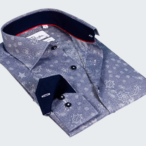 Gray patterned shirt with black collar and buttons on a white background
