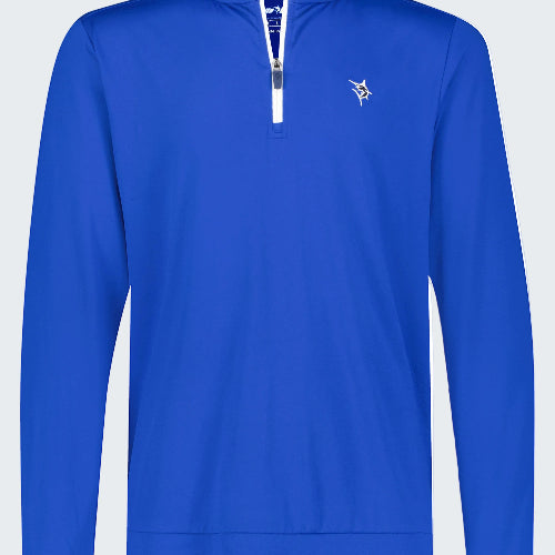 Blue pullover with a small logo on a white background