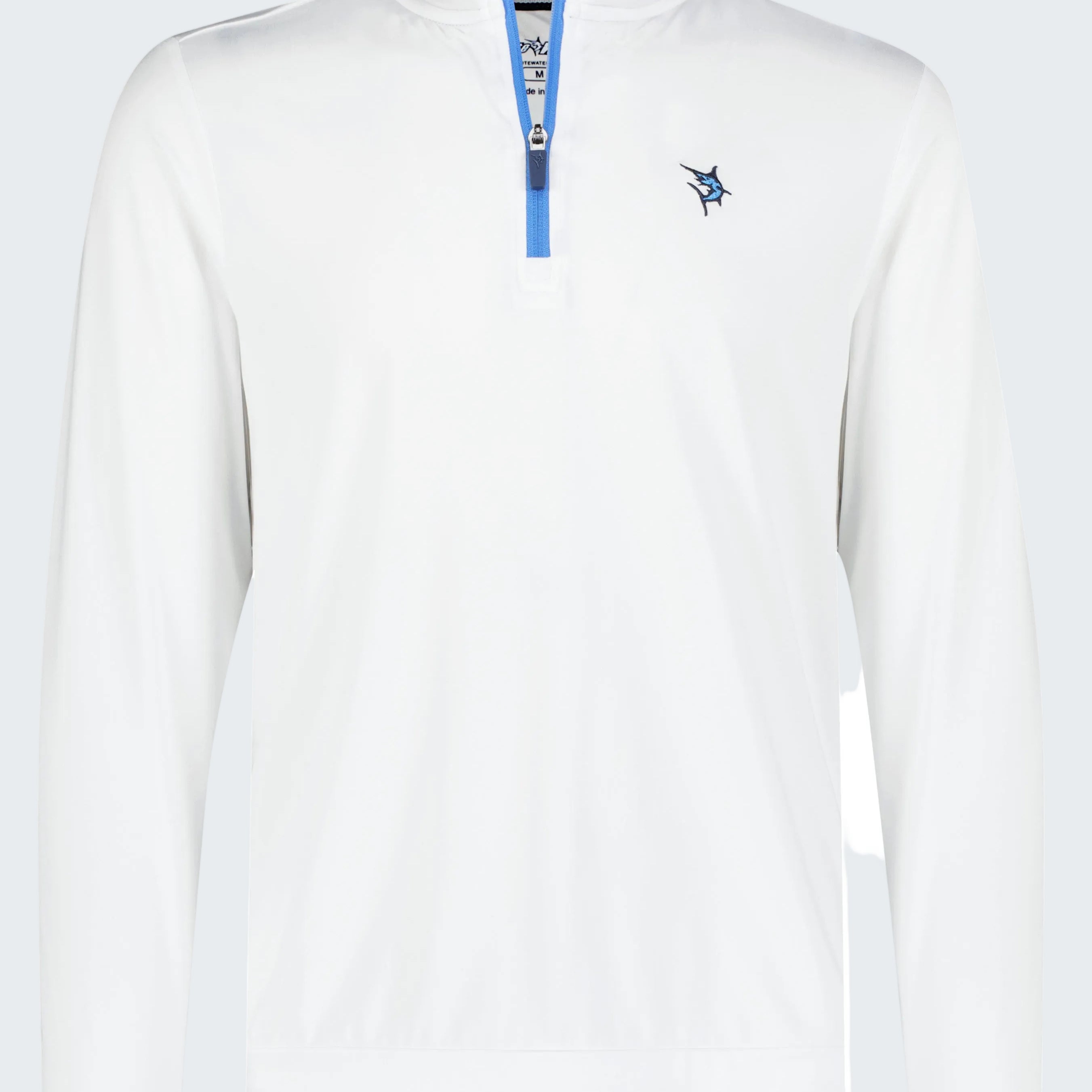 White long-sleeve shirt with a blue zipper on a white background