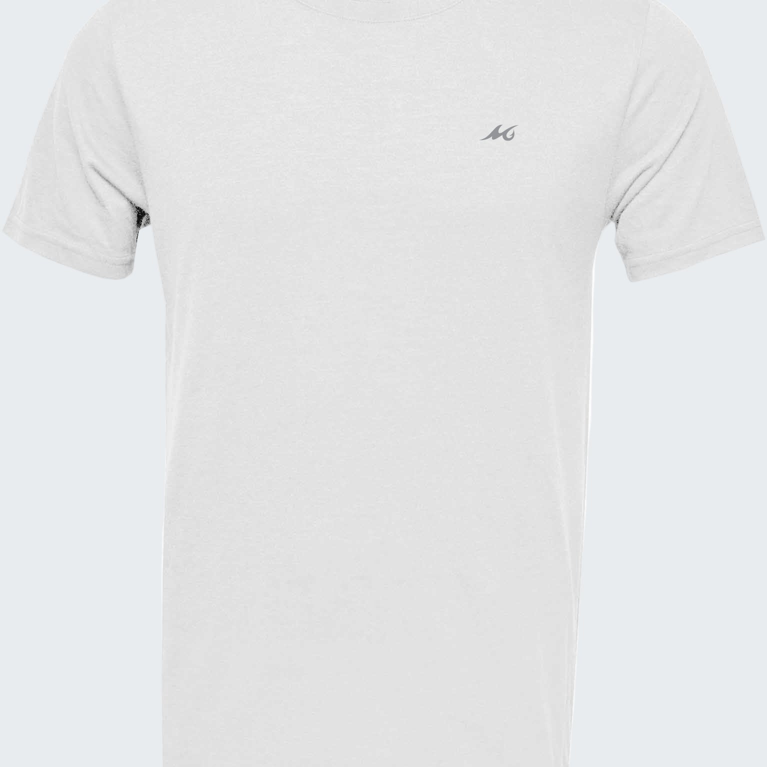 White t-shirt with a small logo on a white background