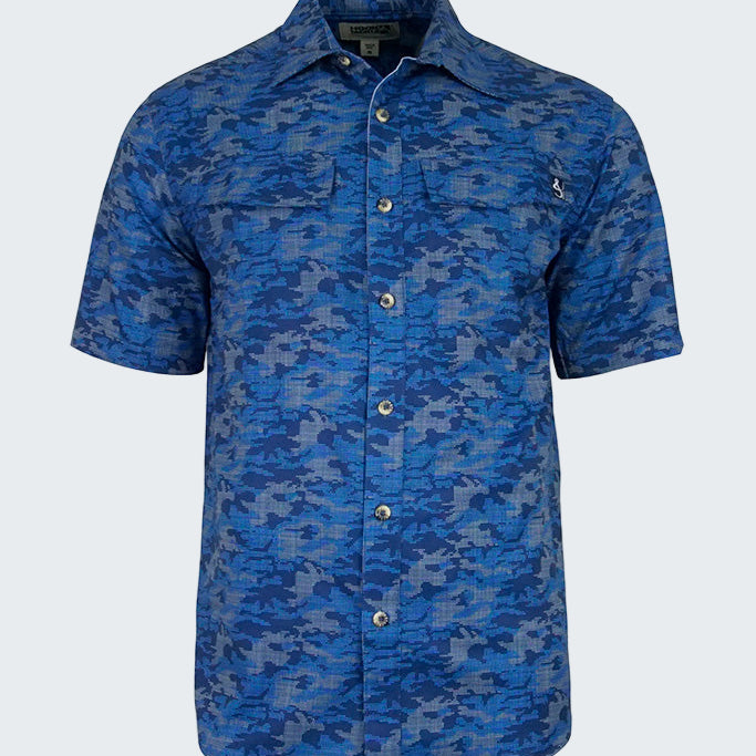 Blue camouflage patterned shirt on a white background