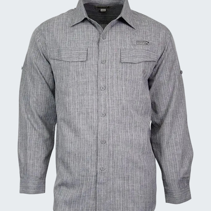 Gray checkered shirt with a brand logo on a white background