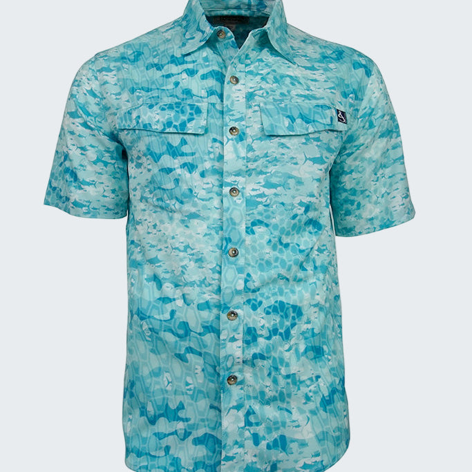 Blue camouflage patterned shirt on a white background