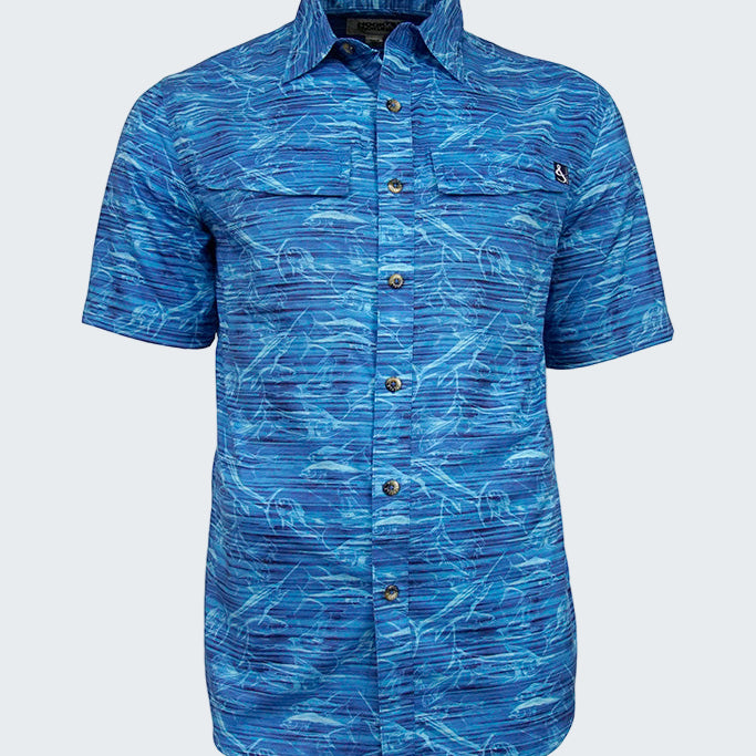 Blue patterned short-sleeve shirt on a white background
