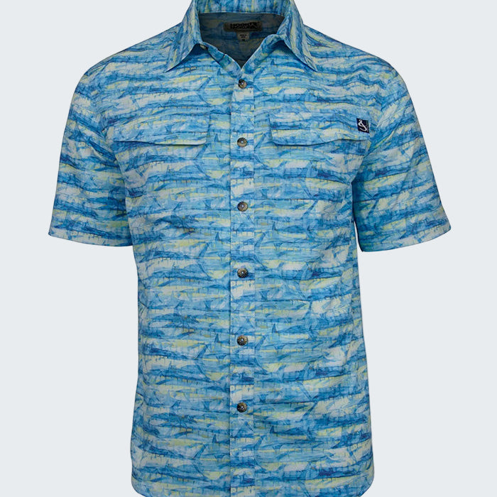 Blue patterned short-sleeve shirt on a white background