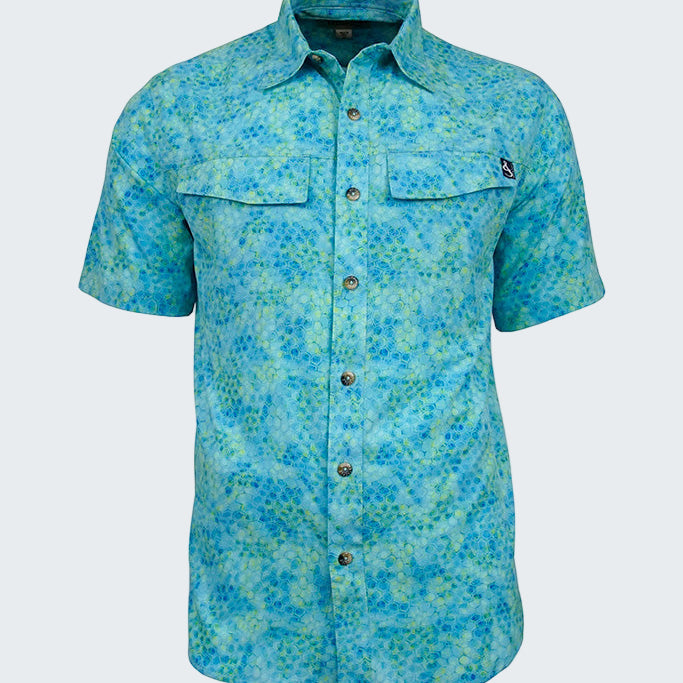 Blue patterned shirt with a brand logo on a white background