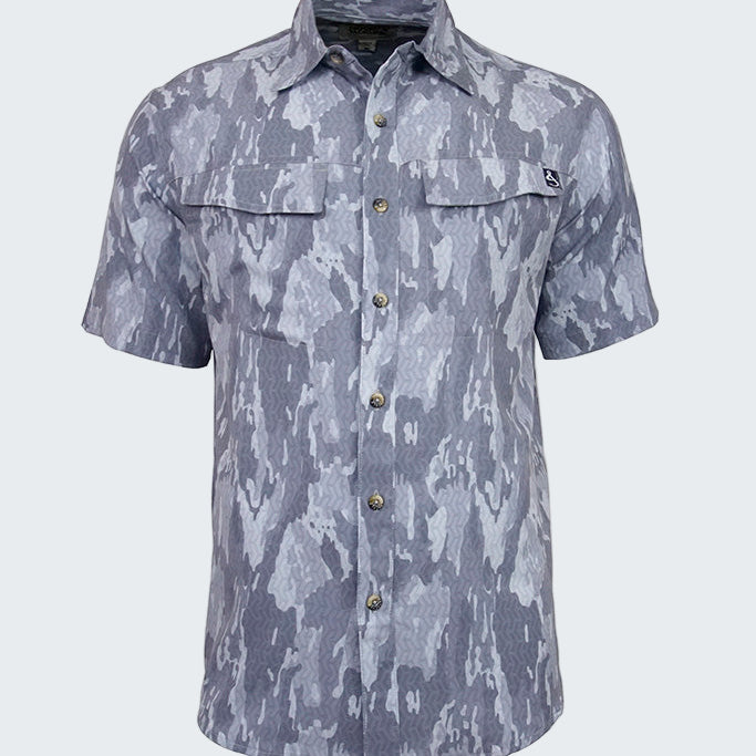 Short-sleeve button-up shirt with camouflage pattern on a white background