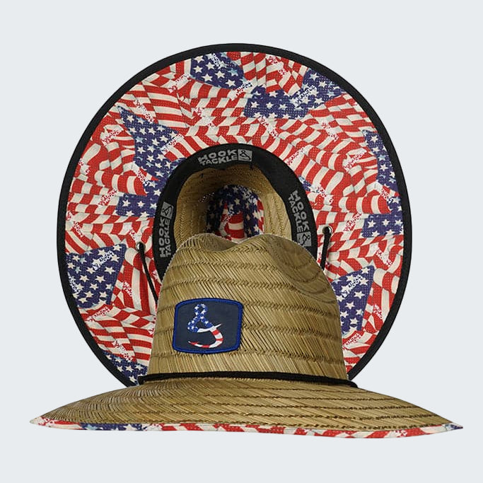 Straw hat with American flag pattern on a white background