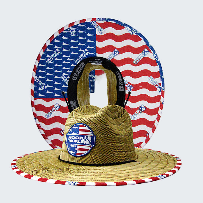Straw hat with American flag design and 'Hook & Tackle' logo on a white background