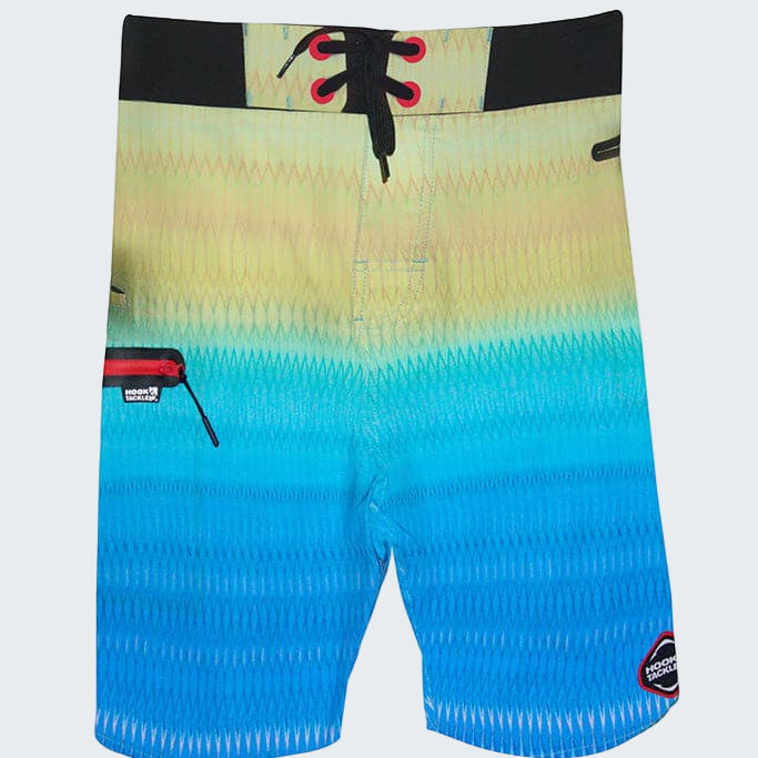 Gradient blue to yellow board shorts with a black and red accent on a white background