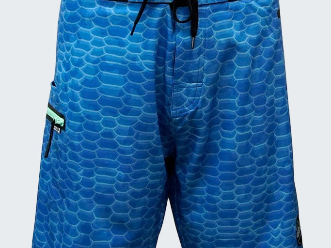 Blue patterned shorts with a black waistband on a white background