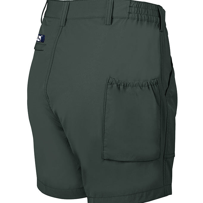 Dark gray shorts with a visible brand logo on a white background