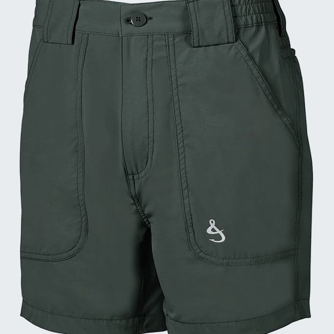 Dark gray shorts with a logo on a white background