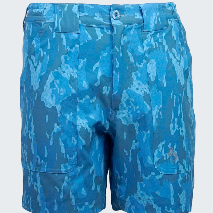 Blue camouflage shorts on a white background