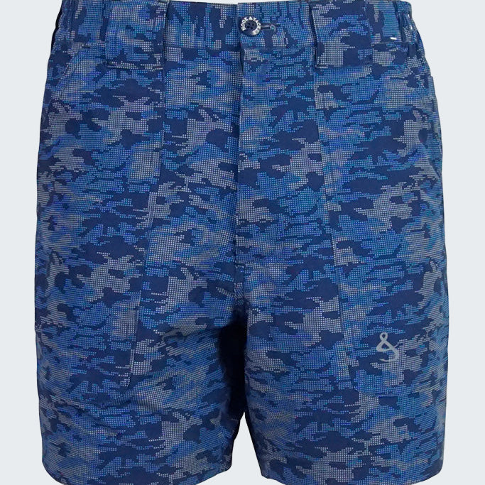 Blue camouflage shorts on a white background