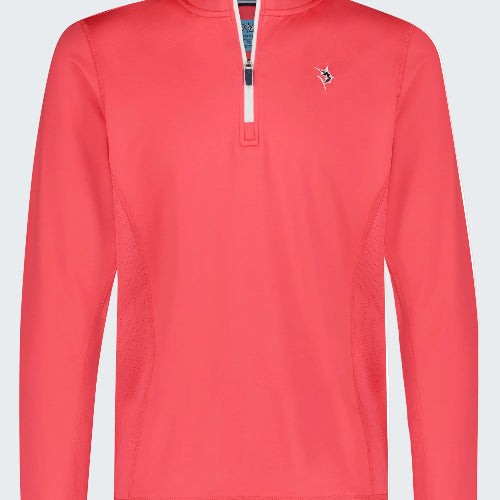 Red long-sleeve shirt with a small logo on a white background