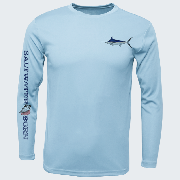 Light blue long-sleeve shirt with fish illustrations and 'Saltwater Born' text on a white background