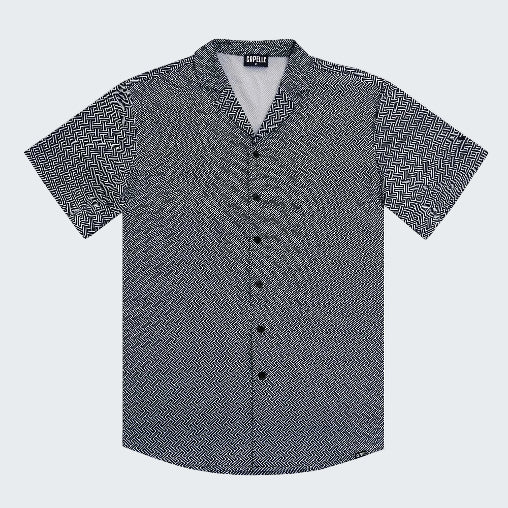 Short-sleeve button-up shirt with a subtle pattern on a white background
